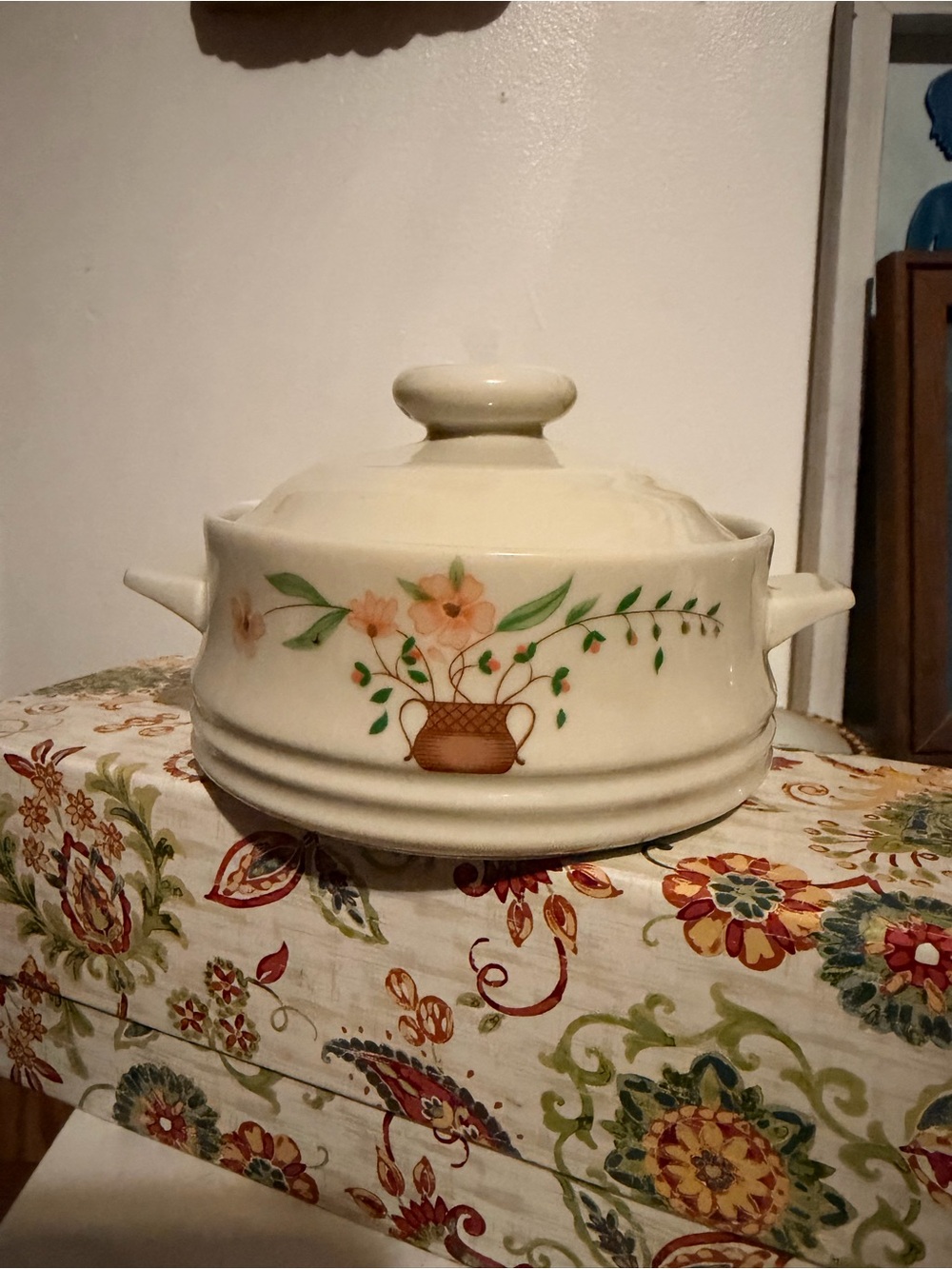 Cream Covered Ceramic Casserole with Hand-Painted Floral Basket